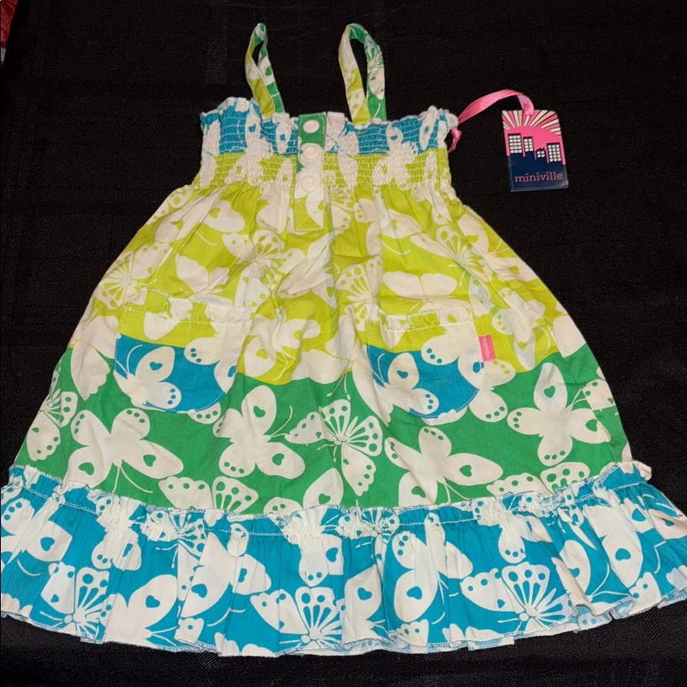NWT Miniville Green & Blue Butterfly Kids Dress 18m